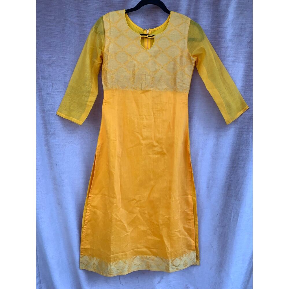 Cbazaar Kurta Tunic Dress Traditional Handmade Yellow Gold Embroidery Small